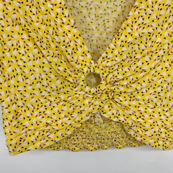 Free People Crop Top Linen Butter Yellow Havana Honey Blouse V Neck - Picture 4 of 8